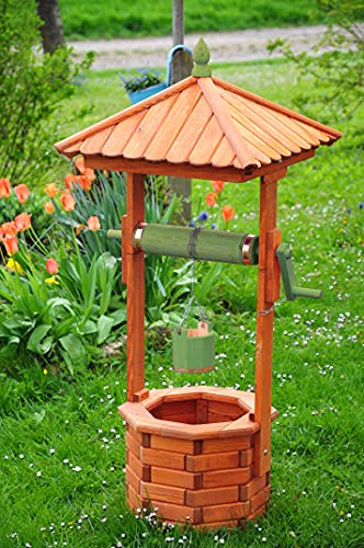 BTV Große Holz-Brunnen, NEU-Gartenbrunnen MODERN 130 cm, VOLLHOLZ einstöckig Klassik MIT Rolle & Eimer EXP140-moos-MS, voll funktionstüchtig,schöne Details, Moosgruen Metallkette Deko-Brunnen Ou