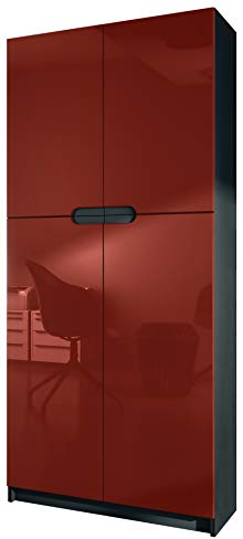 Vladon Büroschrank Logan V1, Made in Germany, Aktenschrank mit 5 Fächern und 4 Türen, Schwarz matt/Bordeaux Hochglanz (82 x 185 x 37 cm)