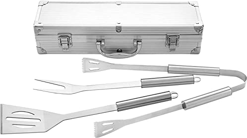AMAVEL Grillbesteck Set mit Grillkoffer, 3-teiliges Grillzubehör mit Grillzange, Fleischgabel und Grillwender aus Edelstahl, Grill Geschenke für Männer, Grillset für Papa