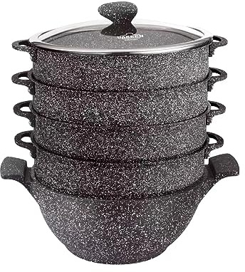 rukauf 2 en 1 Black Kazan y olla a vapor, olla a presión, Mantowarka Kazan con revestimiento de cerámica de granito, 8 litros, 32 cm de diámetro, cerámica, color negro