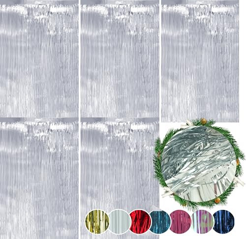 SRV Hub® Pack of 5 Christmas Lametta Strands Angel Hair Xmas Tree Decoration, Christmas Hanging Decoration for Wall or Window Size - 1.2M (Silver Foil Lametta)