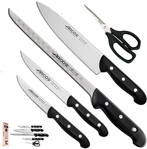 Arcos Juego Cuchillos Cocina cuchillo blanco cuchillos | cuchillos cocina Maitre | 5 piezas | Chef 215 mm, Cocina 150 mm, Verduras 100 mm Tijera cocina (Negro + Jamonero)