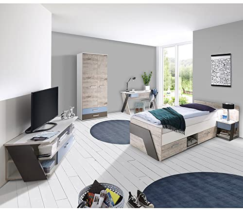 Jugendzimmer Kinderzimmer Komplett-Set, Sandeiche weiß Lava blau, 90 x 200 cm Jugendbett, Kleiderschrank, Nachttisch, TV Lowboard, Schreibtisch
