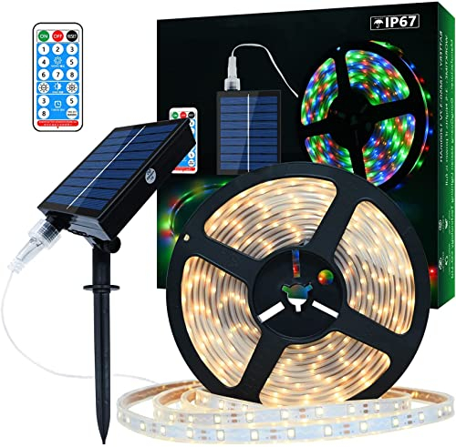 Lumtang Solar LED Streifen Außen, 10m total 560 LEDs Dimmbare Lichtleisten mit Fernbedienung, Warmweißes LED Lichter für Gartenbäume Zuhause Weihnachten Urlaub Terrasse Partydekoration