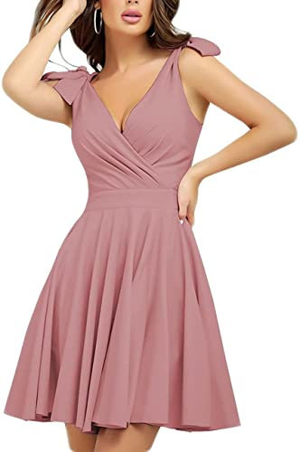 N/ C SAYNO Damen V-Ausschnitt Kurz Ballkleider Plissee Satin A Linie Homecoming Party Kleider, Dusty Rose, 36