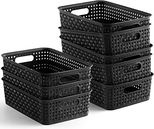 Lot de 8 paniers de rangement en plastique, petits garde-manger et bacs de rangement, organiseurs ménagers pour buanderie, salles de bains, cuisines, armoires, comptoirs, sous évier ou étagères, noir