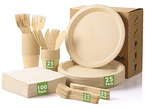 LEKOCH 25 Gäste Bambus Einweggeschirr Pappgeschirr Set mit Pappteller Bambus Besteck Becher Servietten Partygeschirr