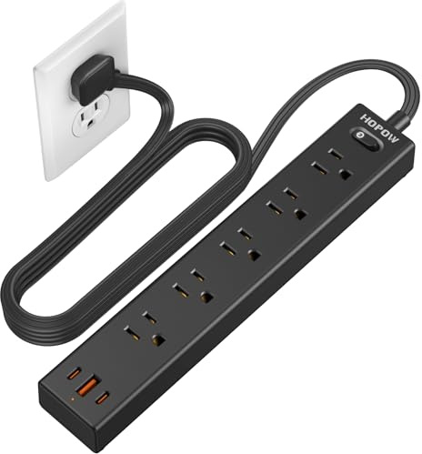 HOPOW Flat Plug Power Strip, 6 Ft Ultra Thin Extension Cord, Surge Protector with 5 Outlets & 3 USB Ports (2 USB C), 1700 Joules, Wall Mount, Desktop Charging Station for Home Office Dorm, Black