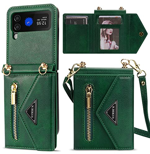 GUVAGI Handyhülle für Samsung Galaxy Z Flip 4 Hülle Case mit Band, Leder Klappbar Klapphülle Flip Case Reißverschluss Stoßfest Schutzhülle Aesthetic Mädchen Handy Hülle mit Kette (Grün)