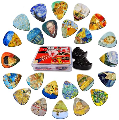 Plektrum 24 Stück,0,71mm Medium Guitar Picks mit Plektren Halter(Van Gogh) | Gitarren Plektrum für Akustikgitarre, E Gitarre, Bass Guitar,Gitarren Zubehör,Musiker Geschenke