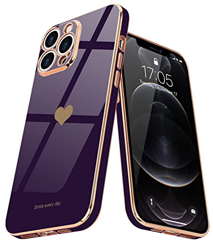 Teageo for iPhone 12 Pro Case Cute Heart Pattern for Women Girls Slim Luxury Bling Plating Soft TPU Anti-Scratch Shockproof Bumper Phone Case for iPhone 12 Pro, Dark Purple