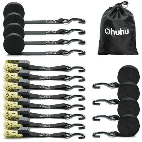 Cinghie a cricchetto 8 pezzi, Ohuhu cinghie con cricchetto 680kg 4,6m cinghie di tensione con cricchetto, cinghie di tensione con cricchetto e gancio cinghie di ancoraggio cinghia di fissaggio, nero