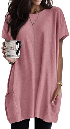 Minetom T-Shirt Femme Long Tshirt Oversize Col Rond Tee Shirts à Manche Courte Eté Longshirt AVCE Poches Casual Ample Top Blouse Chic Lâche Décontracté Haut Long Tunique Grande Taille