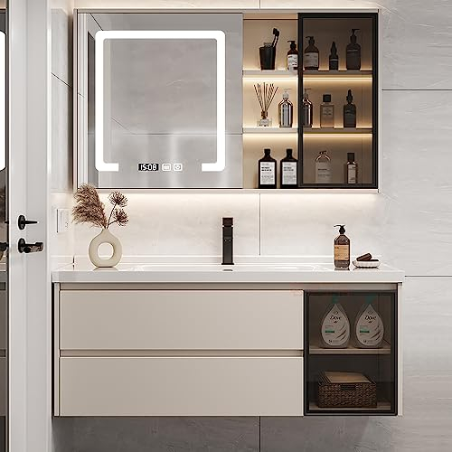 Waschbecken mit Unterschrank Waschtisch Spiegel Möbel | Handwaschbecken & Badschrank | Badmöbel-Set in Betonoptik für Badezimmer & Gäste-WC | Keramik Einbau- oder Aufsatzwaschbecken ( Size : 100cm/39.
