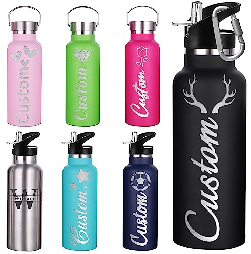 Aolun Personalised Water Bottles Custom Sports Water Bottles With Logo Name Engraved insulated water Flask with straw With Cover For Women Men (750ml/350ml)