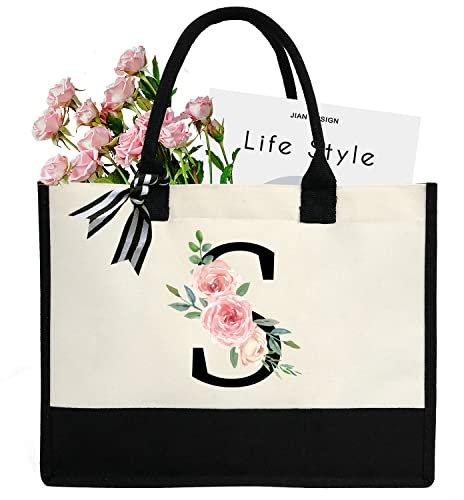 sundee Personalisierte Strandtasche aus Segeltuch mit Innentasche mit Reißverschluss, monogrammierte Geschenktasche für Hochzeit, Geburtstag, Urlaub, Schwarzer Buchstabe S, One Size