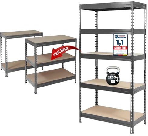 Floordirekt Schwerlastregal - Steckregal, Kellerregal, Lagerregal, Werkbank - Traglast bis 1250 kg - Schnelle Montage (Anthrazit-Grau, 180 x 90 x 60 cm)