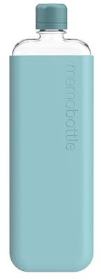 memobottle Paquete SLIM (Sea Mist) – Botella de 450 ml – Botella, funda y tapa de silicona | Botella de agua elegante, delgada y plana para bolsas y portátiles | Tritan sin BPA | Moderna, minimalista