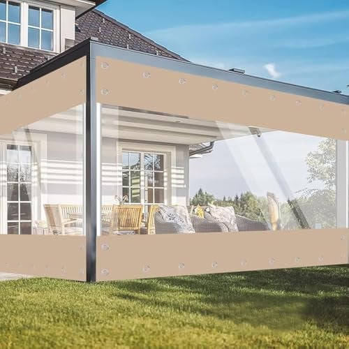 Jianyana Abdeckplane Wasserdicht, 650G/M² PVC Gewebeplane Outdoor Vorhang Wetterfest Transparente Plane Mit öSen FüR AußEnbereich Plane Durchsichtig Balkon Regenschutz Wintergarten(Khaki 2.1 * 3m)