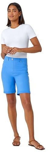 Roman Originals Stretch Shorts for Women UK Ladies Pull On Turned Hem Cut Off Bengaline Mom Boyfriend Boy Denim Casual Cropped Pants Capri Slim Fit Turn Up Summer Crops Mother - Light Denim - Size 14