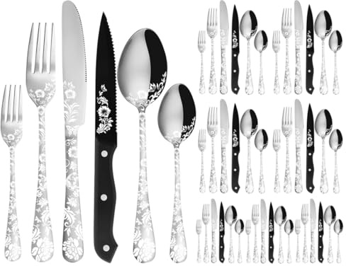 XIAOYU Juego de Cubiertos de 48 Piezas con Cuchillos para Carne, Juego de Cubiertos de Acero Inoxidable para 8 Personas, Juego de Cucharas, Tenedores y Cuchillos con láser único de Flor de peonía