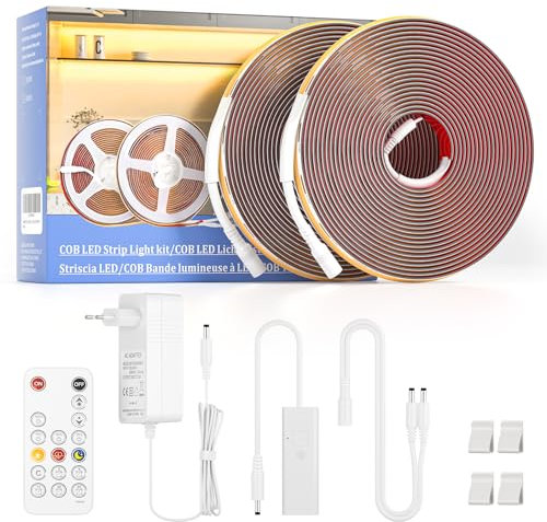 WOBANE Tira Led COB 10m 24V, Tira Led Regulable con Mando, CRI 90+, 320 LEDs/M, Tiras led Alta Luminosidad Adhesivas con Enchufe para Cocina,Dormitorio,Escaleras,Sala de Estar, Blanco Neutro 4000K