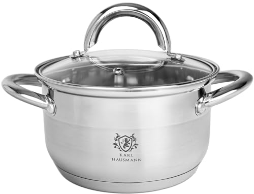 KARL HAUSMANN Faitout Inox - 1.6L - 16 cm - Marmite Induction en Acier Inoxydable 18/0 - Casserole avec Couvercle en Verre - fait tout tous feux - Faitouts Avec Échelle de Mesure - Cocotte Inox