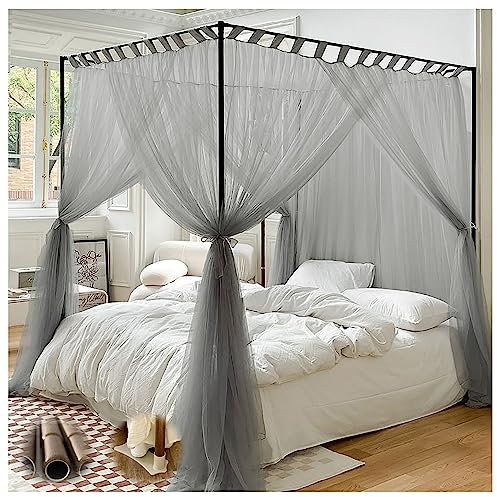 Holzmaserung, Aluminiumlegierung, 4 Ecken, Pfosten, Himmelbett, Vorhänge, Himmelbettrahmen, Pfostenstangen für Schlafzimmer, Bettnetz, Himmelrahmen für Erwachsene, elegant, Schwarz, Queen