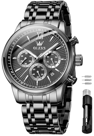 OLEVS Herrenuhren Schwarz Edelstahl Multifunktionale mit Chronographen Kalender Leuchtende Wasserdicht Luxus Business Quarz Armbanduhr