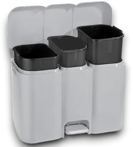 Tontarelli Poubelle pour collecte différenciée de cuisine, de recyclage à domicile, gris, capacité de 13 + 13 + 8 litres, total 34 litres en plastique polypropylène, modèle Patty 3 58,3 x 32 x 41,5 cm