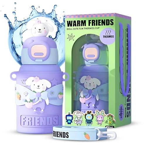 Darcarper Botella de Agua para Niños - Termo 450ml con Pajita Sin BPA, Acero Inoxidable, A Prueba de Fugas, 2 Tapas, Cerradura Segura, Reutilizable