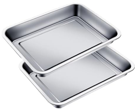 Set di 2 teglie da forno in acciaio inox, teglia rettangolare per torte, tacchino, lasagne, lucidata, facile da pulire, 60 x 40 x 4,8 cm