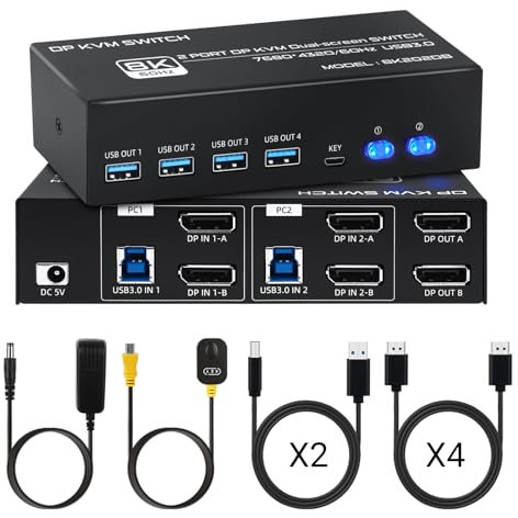 Switch KVM HDMI Displayport 2 PC 2 Écrans, 8K 60Hz / 4K 120Hz Commutateur KVM DP 1.4 HDMI 2.1 USB 3.0, Supporte le Mode Étendu et Copie, avec Contrôleur de bureau et 6 Câbles 2HDMI+2DP+2USB