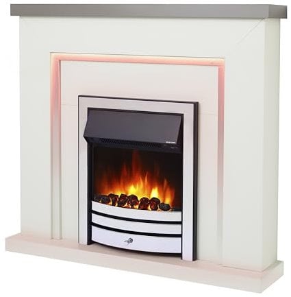 Endeavour Fires Bempton 42 Electric Fireplace Suite with Flame Effect & Coal Bed, Remote Control, Custom Surround, 13-Colour LED Lighting, Eco Heater, Grey Top/White Hearth/Chrome Fire