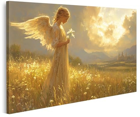 islandburner Bild auf Leinwand EIN Engel in einem goldenen Feld bei Sonnenuntergang Bilder Wandbilder Poster
