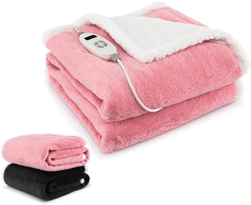 HOMFME Electric Heated Blanket Throw, Machine Washable Warmer Blanket with 10 Heating Levels, 9H Auto Shut-Off & Overheat Protection, Fast Heated Fleece Overblanket for Bed Sofa (Pink, 154 x 130 cm)