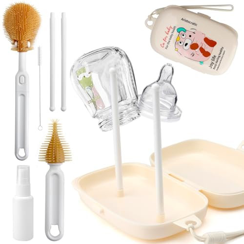 Goupillon Biberon 6 en 1 Brosse Biberon Bébé Silicone Brosse pour Nettoyer Tétines Brosse à Paille Distributeur de Savon pour Biberon Égouttoirs et Organisateur