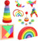 FYSL 3-in-1 Montessori Stapelspielzeug, Regenbogen Holzspielzeug, Holz Stapelturm, Tangram Kinder, Holzbausteine Regenbogen, Vorschule Stapeln Spielzeug, Motorikspielzeug ab 1 Jahr