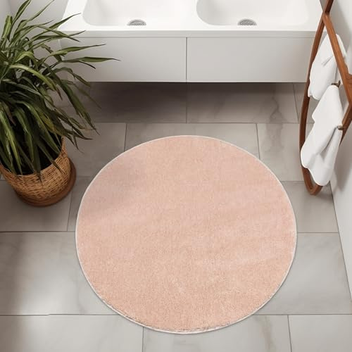 AKCILA Malmo Rosa Teppich mit Glanz Runden 140 cm Shaggy Badematten & Badteppiche Badezimmerteppich Bad Vorleger waschbar rutschfest Bathroom Rug dusche Teppich Badmatten Schlafzimmerteppich