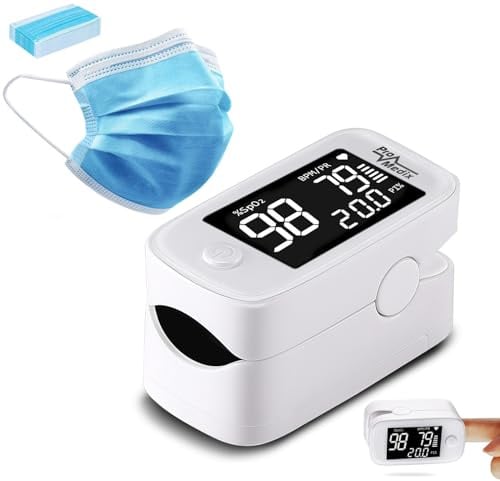 ProMedix Pulsoximeter Fingerpulsoximeter mit 1.5” HD LED Display | Präzise Messung der Sauerstoffsättigung (SpO2) und Herzfrequenz (Pulsoximeter + 3-Lagige Mundmaske 20-er Pack)