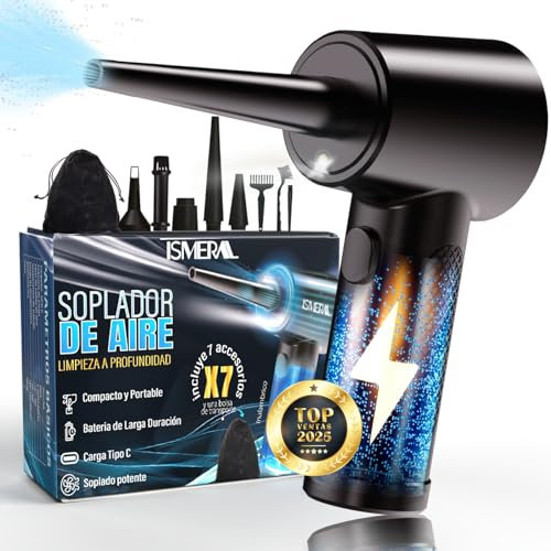 SÚPER Soplador De Aire Premium ISMERAL® + Accesorios | Bateria 6000mAh | 100000RPM | Aire Comprimido Limpieza pc | Soplador De Aire para pc | Soplador De Aire Potente | Pistola Aire comprimido