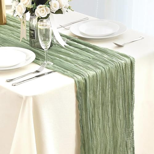 FOLAI Boho Tischläufer aus Käsetuch Table Runner Table Cloth – Rustikale Hochzeitstischdeko für Brautdusche, Geburtstag & Feiern (90x300cm) – Öko-Baumwolle & Wiederverwendbar( hellgrün )