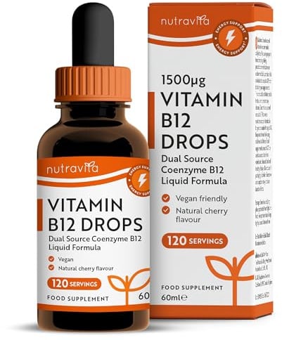 Nutravita Vitamin B12 Drops - 60ml - Natural Cherry Flavour - Vegan | Vitamin B 12 Coenzyme Liquid - Vit B12 Liquid Drops - B Complex Methylcobalamin & Adenosylcobalamin - Brain, Heart & Energy