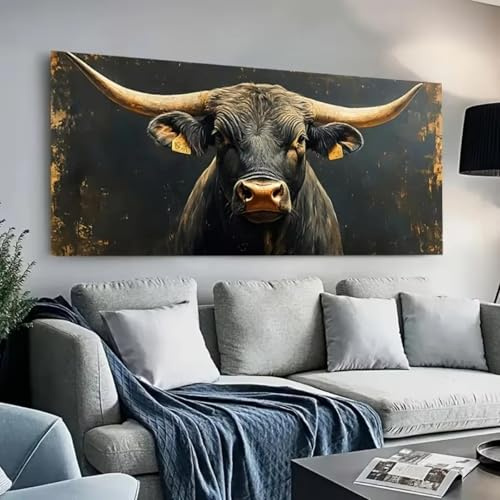 PEWFBS Extra große Leinwanddrucke, moderne Big Horn Black Bull-Bilder für Schlafzimmerwände, Leinwandmalerei, abstrakte Innendekoration, 90 x 180 cm, ohne Rahmen