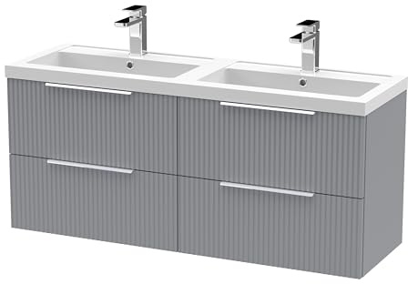 Balterley Vanity Unit with Basin Wall Hung, 4 Drawer Soft Close with 2 Rectangular Sink and Handles, Bathroom Vanity Units with Basin, Fluted Front Sink Cabinet - 1205 x 383 x 540mm (Grey)