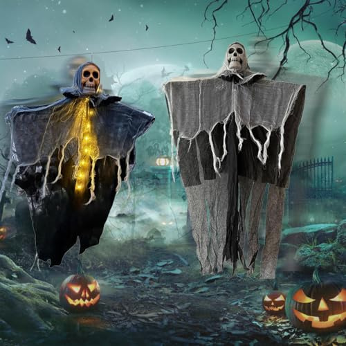 2 Stück Halloween Deko 2026 Hängende Geister, TüRdeko Innen, Gruselig Skelett Halloween Deko Garten Gespenst TüRvorhang Sensenmann Totenkopf 90 * 56cm