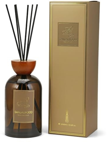 Luxury Large Reed Diffuser 1000ml, Sandalwood Room Diffusers, Long Lasting Air Fresheners, Round Glass Bottle with Fragrance Oil for Living Home, Office, Kitchen & Bathroom