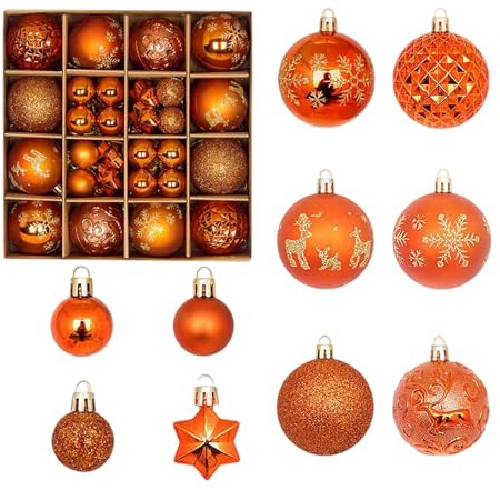 Christmas Ball 44 Stück Set - Matt & Glänzend - Plastik Kleine Weihnachtskugeln mit hängenden Kugeln mit Schneeflockenmuster Bruchsichere Weihnachtskugeln für Christbaumschmuck (Orange)