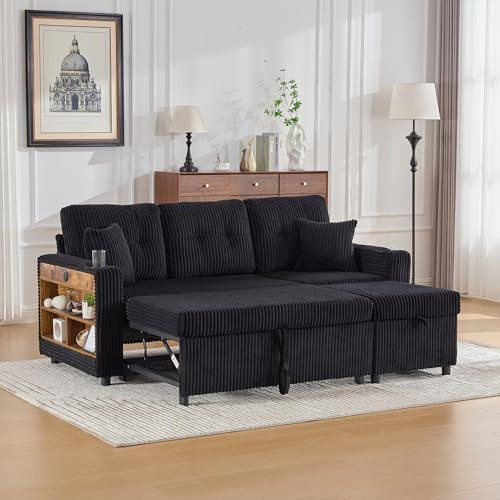 Merax Sofa Ecksofa mit Schlaffunktion, Praktisches Schlafsofa mit Stauraum, Ablagen & Getränkehalter, USB+Type C, LED-Beleuchtung, Ausziehbares Schlafcouch für Wohnzimmer/Schlafzimmer, Schwarz