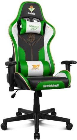 DRIFT GAMING Betis Edition – Silla Gaming Oficial Real Betis Balompié, Estructura Metal, Reposabrazos 2D Acolchados, Pistón Gas Clase 4, Cojines Lumbar y Cervical, Verde/Blanco